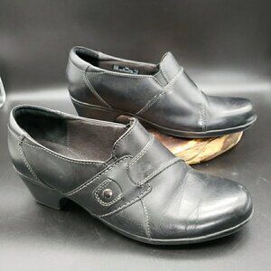 Clarks Shoes Womens 10W Ingalls Geneva Loafers Black Leather Casual Heeled 62723